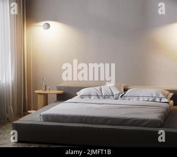 Modernes Schlafzimmer im Dunkeln mit Lampenlicht, 3D Rendering Stockfoto
