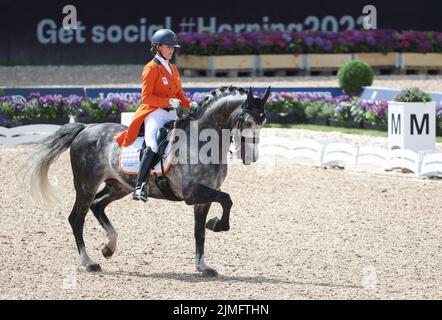 06. August 2022, Dänemark, Herning: Reitsport: Weltmeisterschaft, Dressur, Grand Prix. Dressurreiter Thamar Zweistra (Niederlande) reitet auf Hexagon's Ich Weiss. Foto: Friso Gentsch/dpa Stockfoto