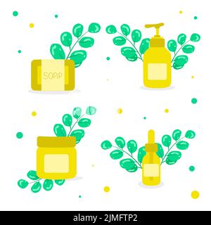 Set natürliche Bio-Kosmetikprodukte in Flaschen Gläser und Schläuche für die Hautpflege Hautpflege Routine pflanzliche Kosmetika Flüssigseife Kosmetika Umweltfreundlich PR Stock Vektor
