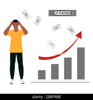 Vektorgrafik der Mensch ist aufgebracht. Steigende Preise. Höhere Kosten. Wirtschaft. Geld. Der Mensch leidet. Gestresste Person. Budget. Menschen in Panik. Sanktionen. Fin Stock Vektor