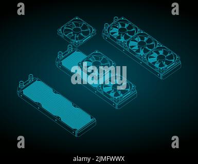 Stilisierte Vektordarstellungen isometrischer Blaupausen eines dreigliedrigen Computer-Flüssigkühlsystems Stock Vektor