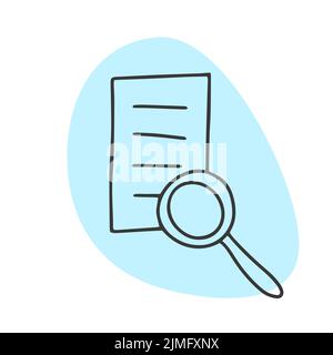 Office-Dokument- und Vergrößerungsglas-Symbol Suchen Sie nach Informationen im Doodle-Stil Stock Vektor