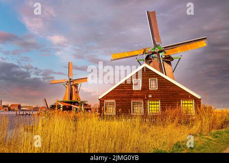 Niederländische Windmühlen am berühmten Touristenort Zaanse Schans Stockfoto