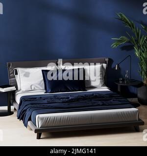 Moderne Schlafzimmer-Innenausstattung in dunkelblauen Farben mit schwarzem Bett und Betttischen, Holzboden und grüner Pflanze, 3D Rendering Stockfoto