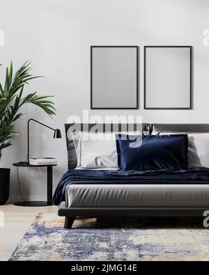 Blank Poster Rahmen Modell in modernen Schlafzimmer Interieur für Modell, 3D Illustration Stockfoto