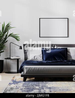 Leerer horizontaler Rahmen-Mockup im modernen Schlafzimmer-Interieur für Mock-up, 3D Abbildung Stockfoto