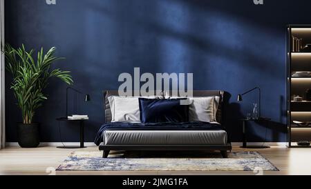 Moderner Schlafzimmer-Innenhintergrund mit leerer dunkelblauer Wand, 3D Rendering Stockfoto