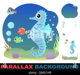 Kleine Landschaft. Sea Horse. Legt den Parallaxeneffekt fest. Unterwasserwelt. Wilde Tiere. Meer, Meer. Sommerwasser. Isoliert auf weißem Hintergrund. Abbildung Stock Vektor