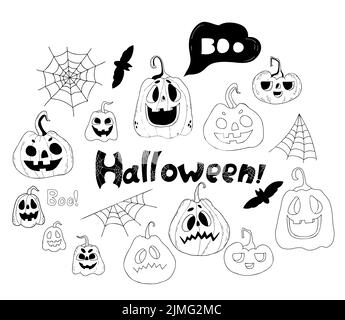 Halloween Kollektion. Jack Kürbisse, Fledermaus und Web. Vektor lineare Handzeichnungen im Doodle-Stil. Isolierte Elemente für Dekor, Design, Urlaubsdekoration Stock Vektor