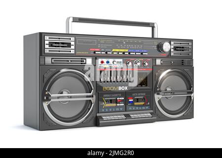 Retro Ghetto Blaster Boombox, Radio und Tonbandgerät isoliert auf weiß. 3D Abbildung Stockfoto