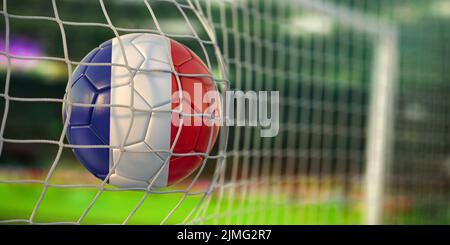 Fußball mit Flagge Frankreichs im Tornetz des Fußballstadions. Fußballmeisterschaft von Frankreich Konzept. 3D Abbildung Stockfoto