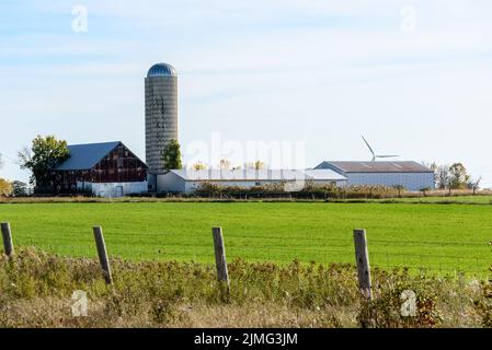 Alte Metallscheune und Silo auf einem Bauernhof am äußersten Ende eines Grasfeldes an einem sonnigen Herbsttag. Eine Windenergieanlage ist im Hintergrund sichtbar. Stockfoto