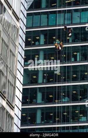 London, Großbritannien - 09 2022. Juni: Vier industrielle Alpinisten putzen große Fenster in der Liverpool Street, London Stockfoto