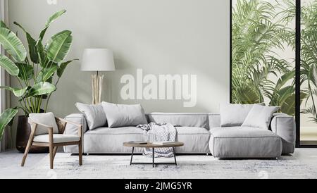 Modernes Wohnzimmer mit grauem Sofa, Holzmöbeln und tropischen Palmenblättern, 3D Rendering Stockfoto