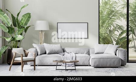 Horizontaler Rahmen im modernen Wohnzimmer mit grauem Sofa, Holzmöbeln und tropischen Palmenblättern, 3D Rendering Stockfoto