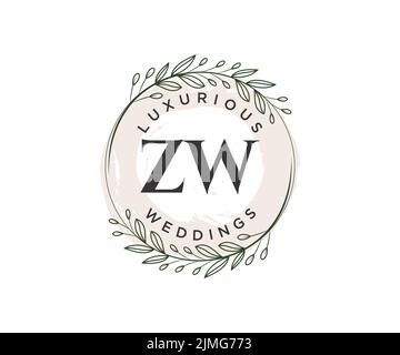 ZW Initialen Brief Hochzeit Monogramm Logos Vorlage, handgezeichnete moderne minimalistische und florale Vorlagen für Einladungskarten, Save the Date, elegant Stock Vektor