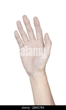 Blasse Palmaroberfläche der Hand. Konzept der Anämie. Isoliert auf weißem Hintergrund. Stockfoto