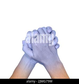 Zusammengekrallte Hände mit hellblauer Farbe des asiatischen jungen Mannes. Konzept der kalten und unbeholfenen Hand. Stockfoto