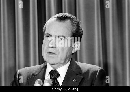 US-Präsident Richard Nixon während der Pressekonferenz, Washington, D.C., USA, Warren K. Leffler, U.S. News & World Report Magazine Photograph Collection, Mai 1974 Stockfoto