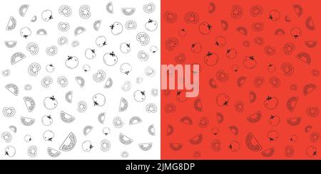 Tomatenvektordarstellung. Tomatenscheiben isoliert auf rotem und weißem Hintergrund. Stock Vektor