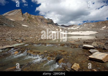 Proglazialsee des Gradötzkees Gletschers in der Nähe von kleiner Muntanitz, Wellachkopfe, in Osttirol. Österreichische Alpen. Europa. Stockfoto