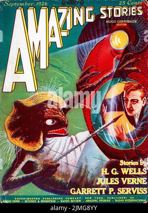 Cover von Amazing Stories, September 1926, Band 1, Nummer 6. Das Cover zeigt 'in the Abyss' von H. G. Wells. Cover-Art von Frank R. Paul Stockfoto