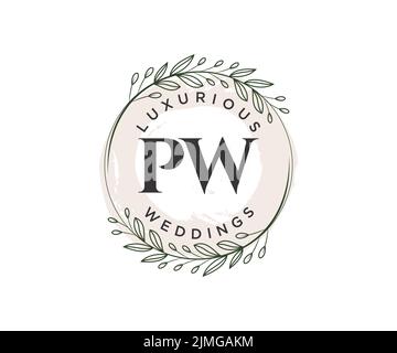 PW Initialen Brief Hochzeit Monogramm Logos Vorlage, handgezeichnete moderne minimalistische und florale Vorlagen für Einladungskarten, Save the Date, elegant Stock Vektor