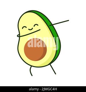 Avocado-Dabbing. Nette Zeichentrickfigur Avocado lächelnd. Fröhlicher Tanz. T-Shirt, Aufkleber, Grußkarte Design-Element. Gesundes Lebensmittelkonzept. Vektor Stock Vektor