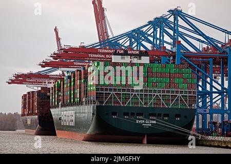 Containerterminal Burchardkai mit vollem Containerschiff, Hamburg, Deutschland, Europa Stockfoto