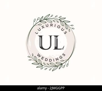 UL Initialen Brief Hochzeit Monogramm Logos Vorlage, handgezeichnete moderne minimalistische und florale Vorlagen für Einladungskarten, Save the Date, elegant Stock Vektor