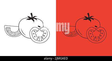 Handgezeichnete Tomaten Vektorgrafik voll, halb und in Scheiben auf rotem und weißem Hintergrund. Stock Vektor
