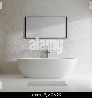 Bilderrahmen im modernen Badezimmer mit Badewanne und dekorativer Betonwand mit Sonnenschatten, 3D Rendering Stockfoto