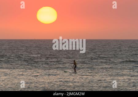 Wunderschöner Sonnenuntergang am uruguayischen Strand mit Pflanzen im Vordergrund Stockfoto