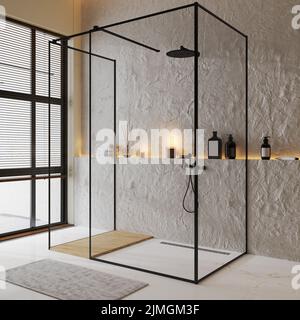 Duschkabine in luxuriöser, moderner Badezimmereinrichtung mit dekorativen Wänden und Fliesenboden, Regal mit Naturlicht und Bade-Zugang Stockfoto