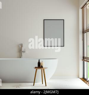 Posterrahmen im modernen Badezimmer mit freistehender Badewanne in der Nähe des Fensters, 3D Rendering Stockfoto