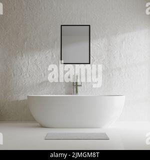 Posterrahmen im modernen Badezimmer mit Badewanne und dekorativer Betonwand mit Sonnenschatten, 3D Rendering Stockfoto