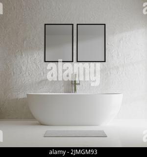 Posterrahmen im modernen Badezimmer mit Badewanne und dekorativer Betonwand mit Sonnenschatten, 3D Rendering Stockfoto