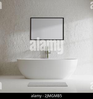 Bilderrahmen im modernen Badezimmer mit Badewanne und dekorativer Betonwand mit Sonnenschatten, 3D Rendering Stockfoto