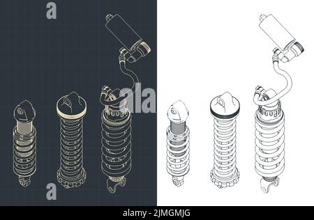 Stilisierte Vektordarstellung isometrischer Blaupausen des Mini-Sets des Stoßdämpfers Stock Vektor