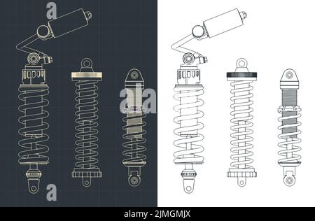 Stilisierte Vektordarstellung von Blaupausen des Stoßdämpfers Mini-Set Stock Vektor