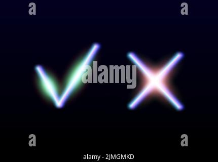 Neon leuchtet ja und keine Checkmarks. Glänzende Check- und Kreuzschilder. Stimmen Sie die leuchtenden Symbole ab, und lehnen Sie sie ab. X- und V-Embleme. Stock Vektor