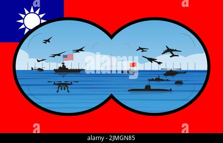 Illustration eines möglichen Konflikts zwischen den USA und China vor der Küste Taiwans im Südchinesischen Meer. Periscope-Ansicht mit der Flagge Stock Vektor