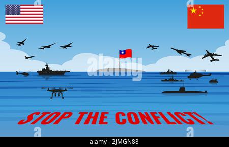 Illustration eines möglichen Konflikts zwischen den USA und China vor der Küste Taiwans im Südchinesischen Meer mit einem Aufruf zur Beendigung des Konflikts. Stock Vektor