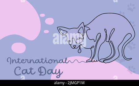 Internationaler Cat Day. Linie Art Katze mit einem Medaillon auf einem farbigen Hintergrund. Lustige Kunst mit einem Haustier. Vektorgrafik. Stock Vektor