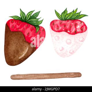 Set mit Erdbeeren in Aquarellfarben. Handgezeichnete Abbildung. Reife rote Beeren und grüne Blätter. Sommer Erdbeere. Stockfoto