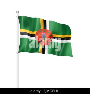 Dominica-Flagge isoliert auf Weiß Stockfoto