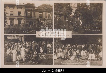 „Ein Souvenir: Belgische Flüchtlinge in Sheffield, 1914“: Fotopostkarte aus dem Ersten Weltkrieg mit vier Ansichten belgischer Flüchtlinge in Shirle Hill, Sheffield. Die Fotos zeigen (1) eine allgemeine Ansicht des Hauses mit ein paar Kindern, die draußen stehen; (2) "Belgische Flüchtlinge, die die Sträucher beschneiden"; (3) "auf dem Rasen. Belgische Flüchtlinge und Besucher“; und (4) „Sheffield Guests. Belgische Flüchtlinge auf Shirle Hill (Gruppenschuss von Männern, Frauen und Kindern) Stockfoto