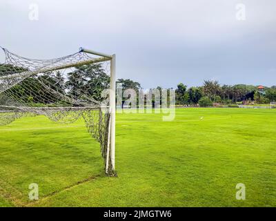 Blick durch das Netz von Fußballtoren auf einen großen Fußballplatz mit einem grünen Rasen, einem Tor gegenüber und Bäumen. Sport, Mannschaftssport Stockfoto