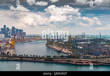 Der riesige verkehrsreichste Logistikhafen in Singapur, viele Krane, um Container zu bewegen, riesige Frachtschiffe im Hintergrund, Wolkenkratzer Stockfoto