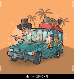 Ein Vektordesign einer Familie, die mit dem Auto reist, und eines wütenden Fahrers, der auf einen orangefarbenen Hintergrund mit Palmen zeigt Stock Vektor